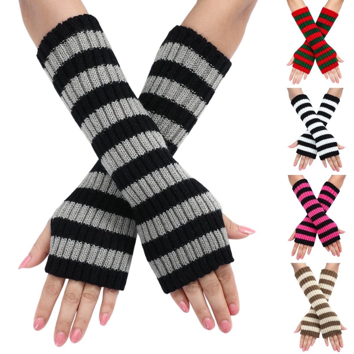 Fingerless Glove Knit - Penghangat Lengan Tanpa Jari Bergaris Y2K
